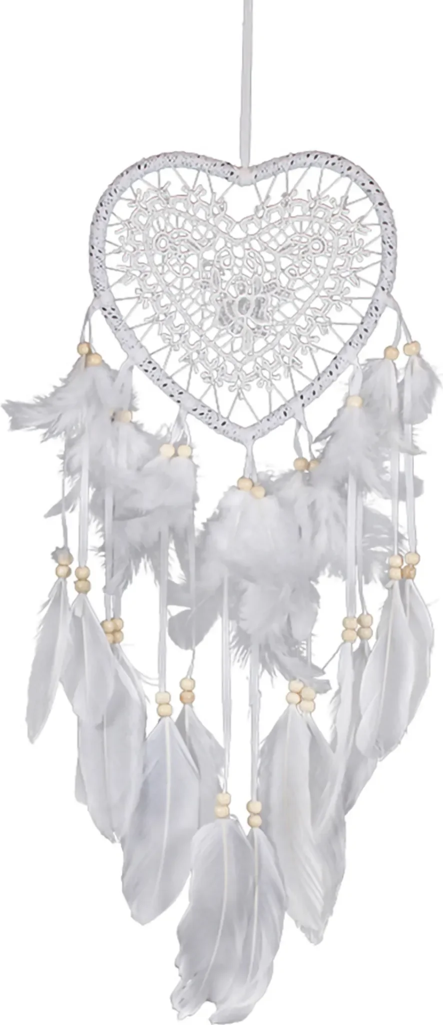 Dreamcatcher Herzform – Traumfänger mit Federn, 50x30 cm, Weiß, Ohne LED